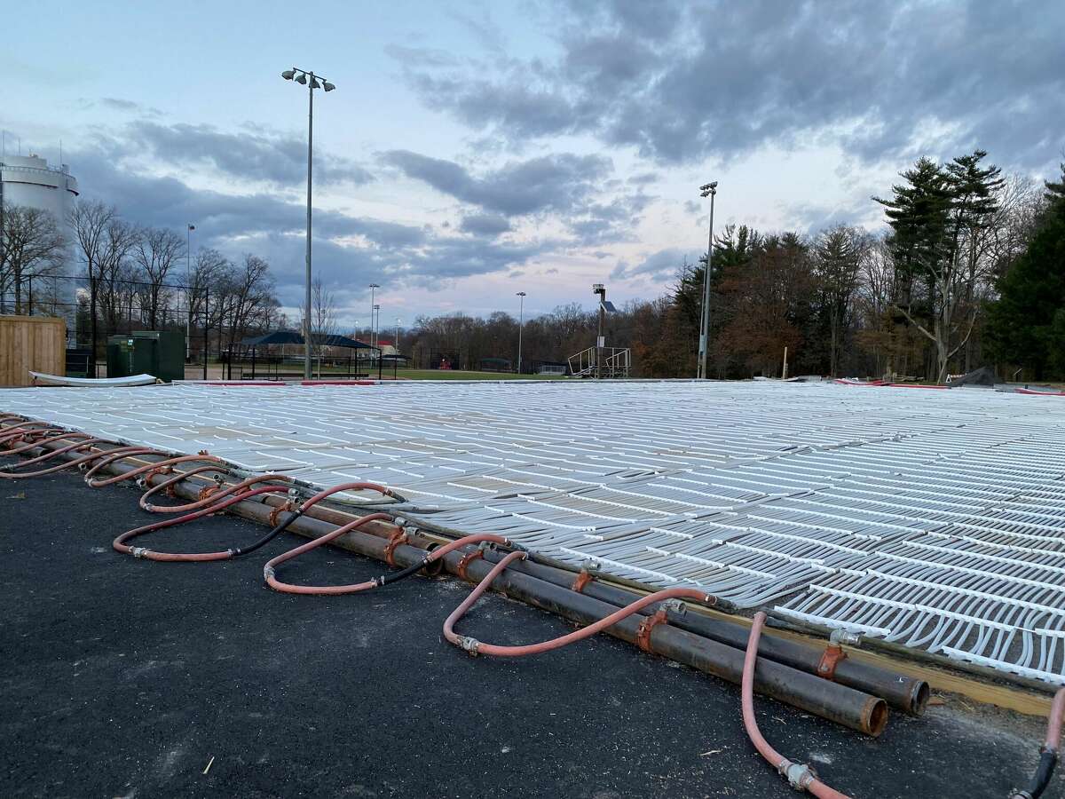 Construction is taking place on the 120 x 60 foot ice rink in Waveny Park. Last year, the construction ran into multiple problems and was removed without having residents skate on it.