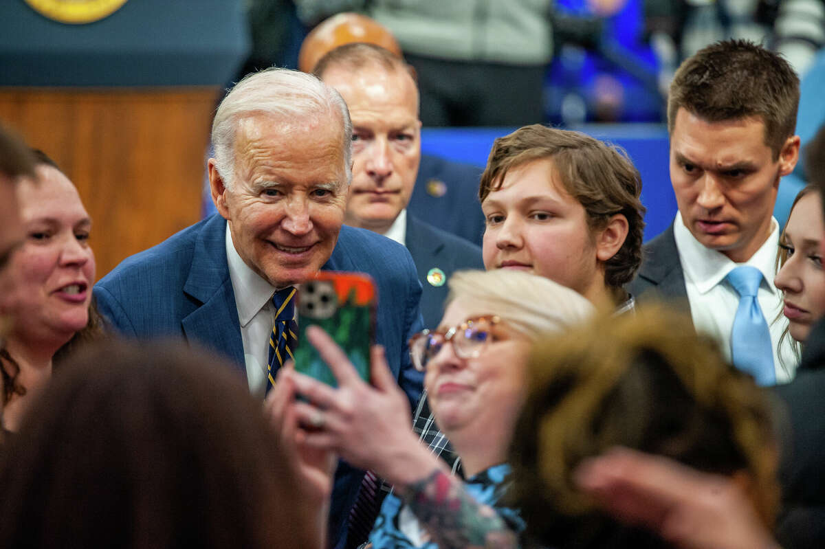 President Joe Biden greets spectators after a speech on Nov. 29, 2022 at SK Siltron CSS in Bay County.