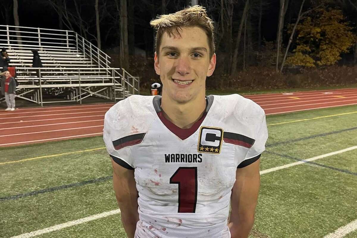 Jacob Rand scored a pair of touchdowns, including one on a 50-yard interception return, in Valley Regional/Old Lyme's 26-13 win over Foran in the Class SS quarterfinals at the Vito DeVito Sports Complex in Milford Nov. 29, 2022.