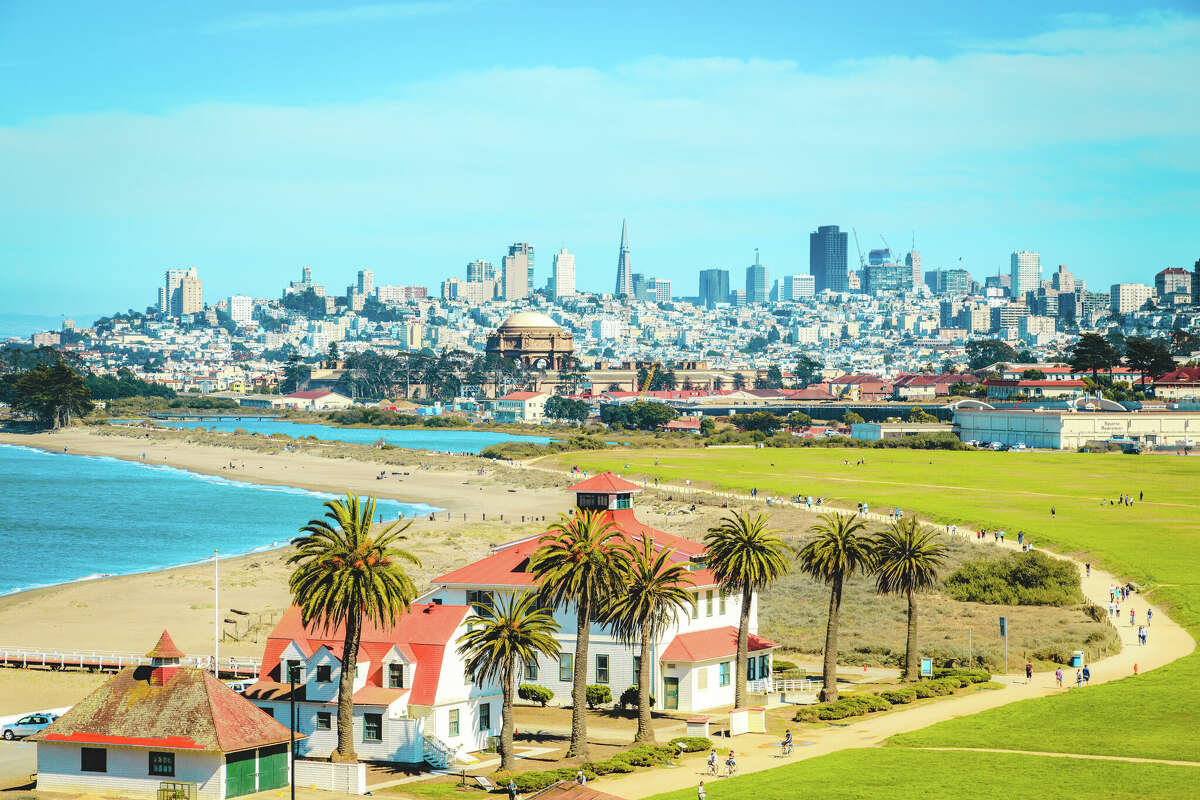 Panoramic view of San Francisco skyline with historic Crissy Field in the foreground on a beautiful sunny day.