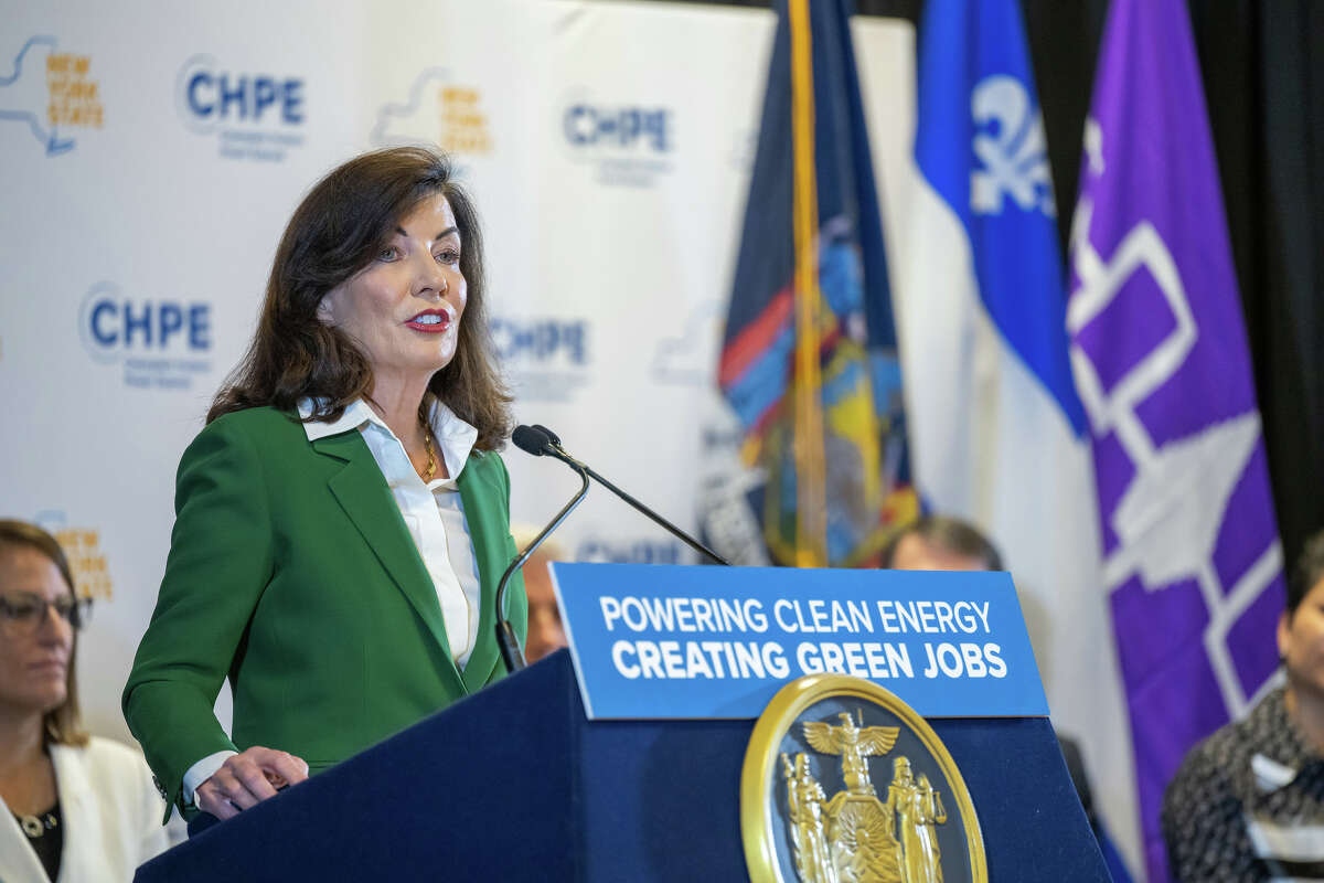 At an event in Whitehall, Gov. Kathy Hochul announces start of construction on 339 mile Champlain Hudson Power Express Transmission Line to bring clean energy to New York City. Delays to the project could impact electricity supply in New York City, according to the New York Independent System Operator.