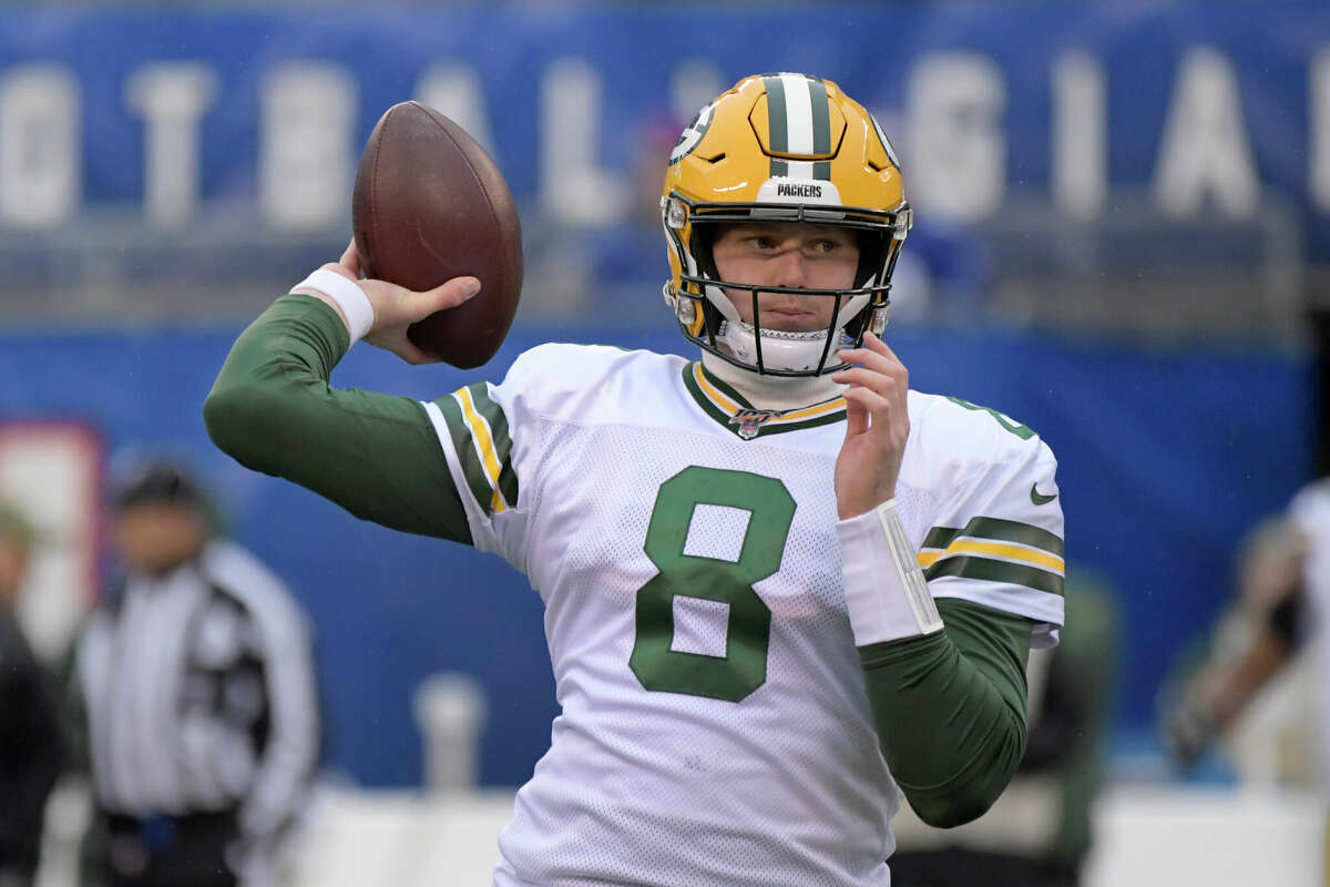 Green Bay Packers quarterback Tim Boyle (8) warms up before an NFL football game against the New York Giants, Sunday, Dec. 1, 2019, in East Rutherford, N.J. (AP Photo/Bill Kostroun)