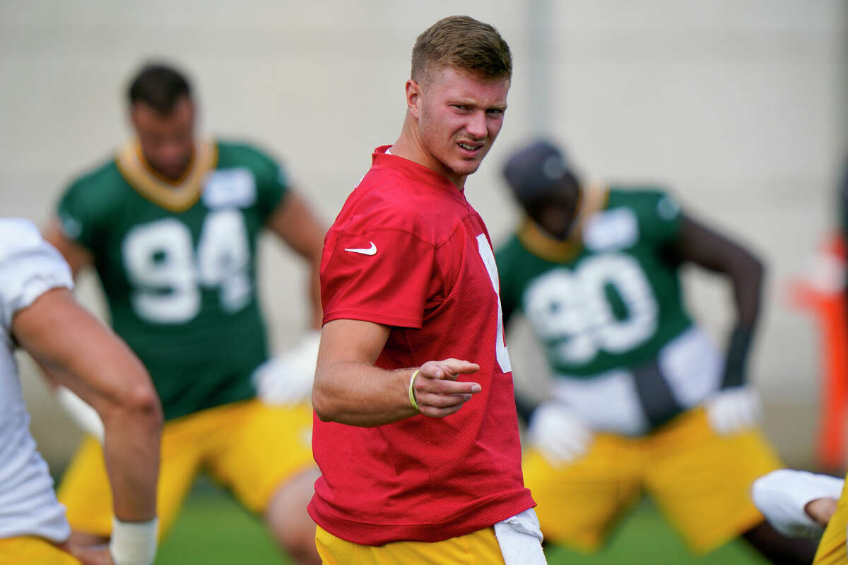 Green Bay Packers' Tim Boyle gestures during NFL football training camp Saturday, Aug. 15, 2020, in Green Bay, Wis. (AP Photo/Morry Gash)