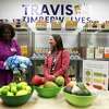 Kristine Marlow, President & CEO of the Montgomery County Food Bank, gives a tour of the nonprofit’s new food pantry to Tamika Taylor, Conroe ISD Assistant Superintendent of Student Support Services, at Travis Intermediate School with initial funding from Amazon, Wednesday, Nov. 30, 2022, in Conroe.
