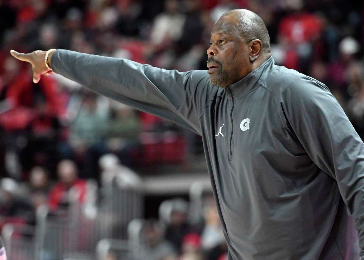 Georgetown's head basketball coach Patrick Ewing points during an NCAA college basketball game against Texas Tech, Wednesday, Nov. 30, 2022, at United Supermarkets Arena in Lubbock, Texas. (Annie Rice/Lubbock Avalanche-Journal via AP)