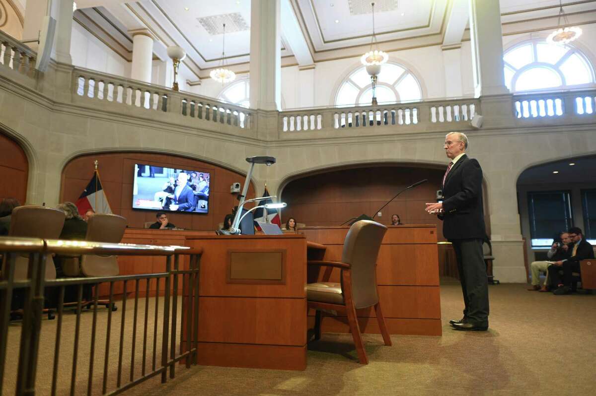Michael R. Gallagher, one of three finalists for the temporary replacement position to fill the seat of District 10 representative Clayton Perry, who is on leave following a hit-and-run arrest, speaks to City Council on Wednesday, Nov. 30, 2022. Other finalists are Jose G. Garcia and Pauline A. Rubio.