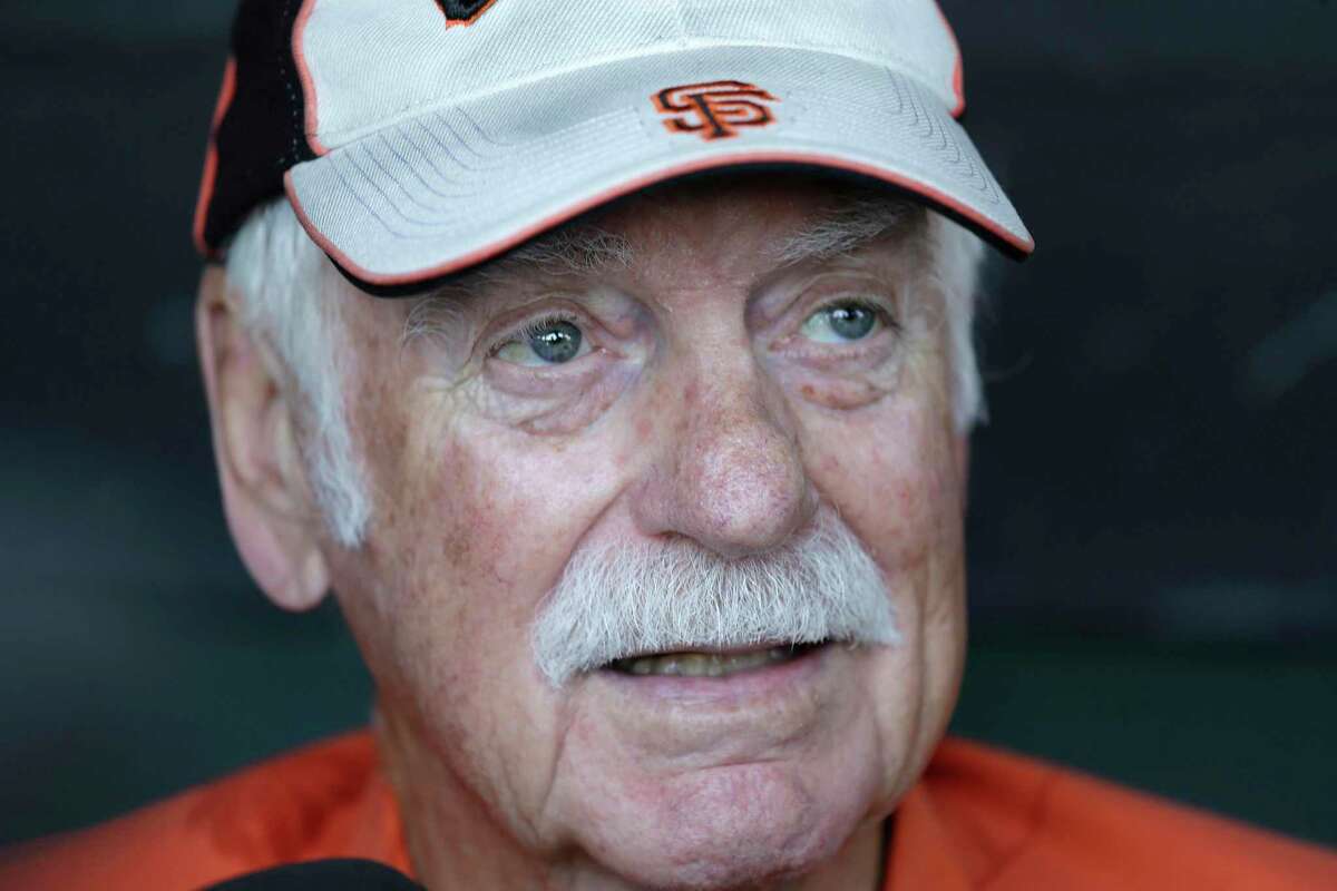 Hall of Fame pitcher Gaylord Perry answers questions during a news conference in the San Francisco Giants dugout before the start of the Giants' baseball game against the Baltimore Orioles Friday, Aug. 12, 2016, in San Francisco. On Saturday the Giants will unveil a statue of Perry outside AT&T Park. (AP Photo/Eric Risberg)