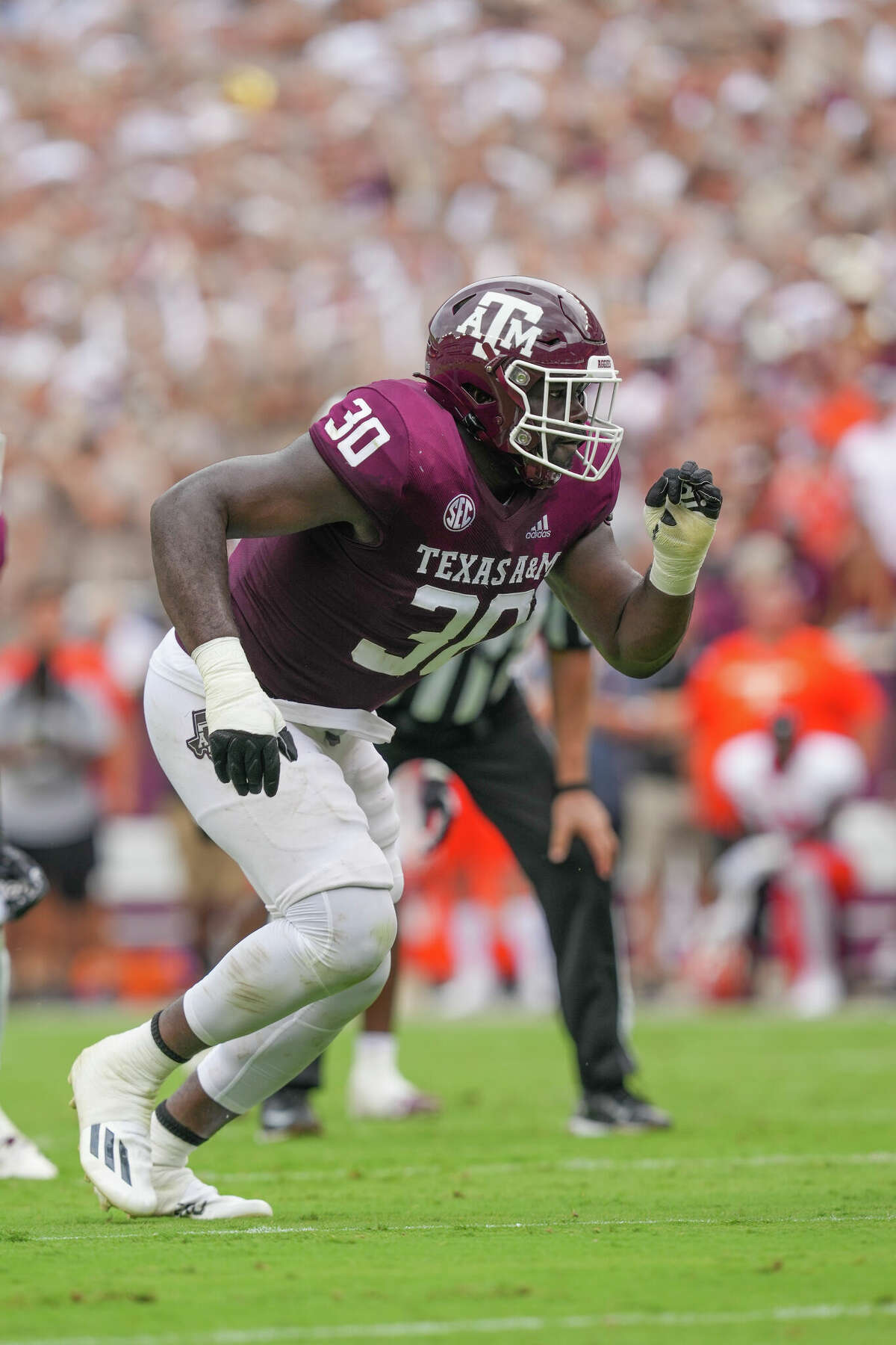 Defensive lineman Tunmise Adeleye is one of seven Aggies who announced their intention to enter the NCAA transfer portal. 