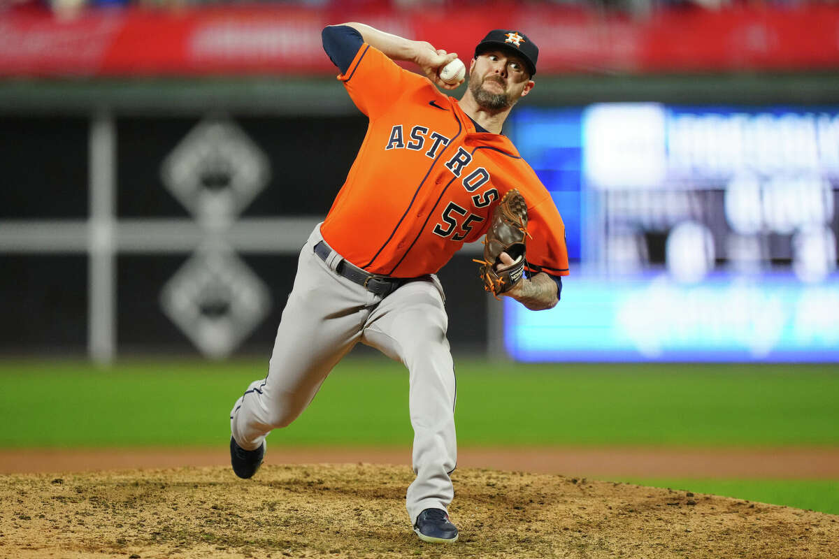 Ryan Pressly #55 of the Houston Astros pitches in the eighth inning during Game 5 of the 2022 World Series between the Houston Astros and the Philadelphia Phillies at Citizens Bank Park on Thursday, November 3, 2022 in Philadelphia, Pennsylvania. (Photo by Daniel Shirey/MLB Photos via Getty Images)