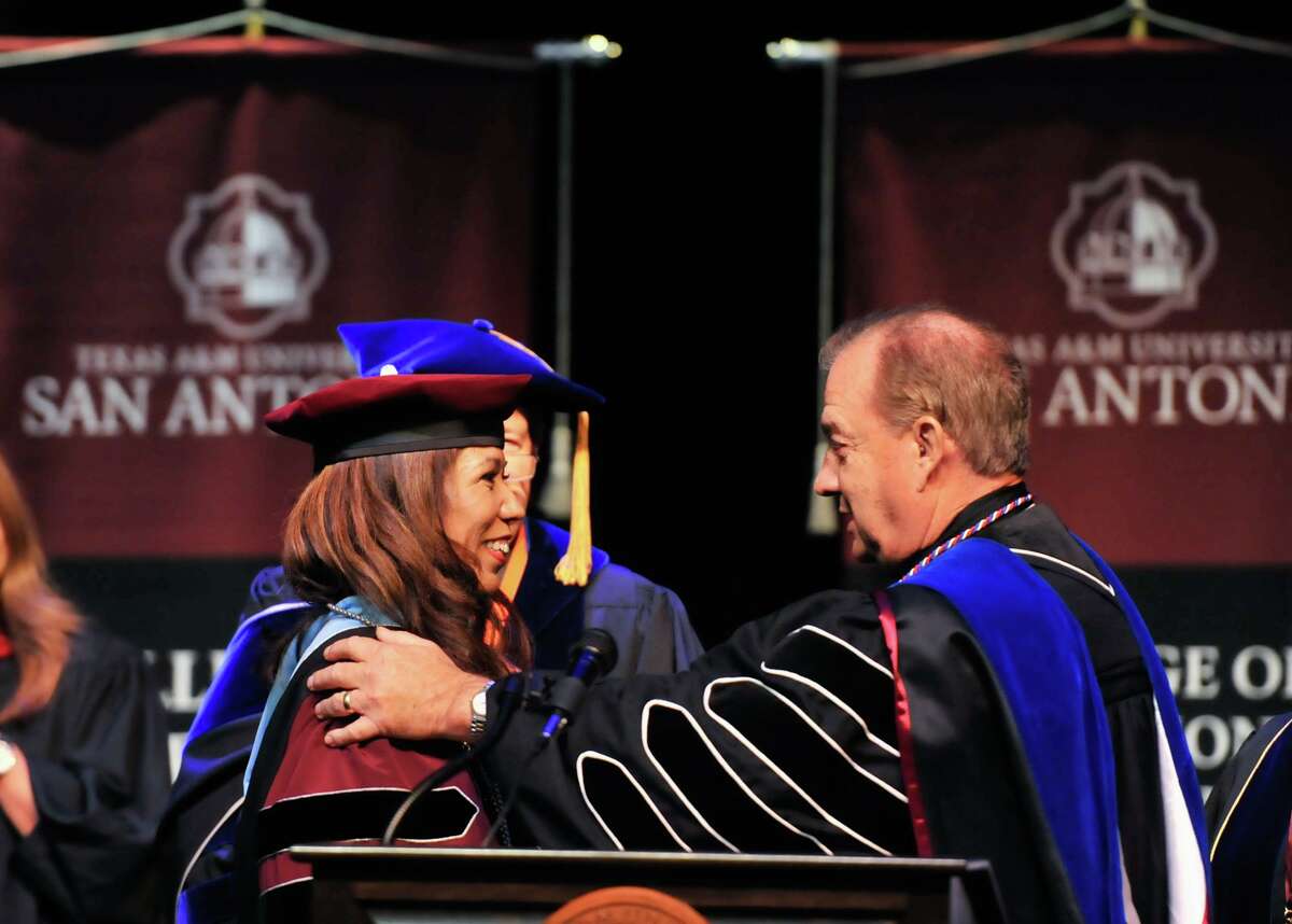 Cynthia Teniente-Matson and Texas A&M University System Chancellor John Sharp at her inauguration as A&M-San Antonio’s president in 2015. The two on Thursday joined University Health System leaders to announce a partnership that will build a hospital next to the South Side campus.