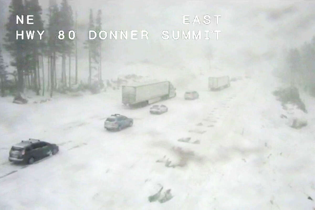 Snow-covered roads on Interstate 80 East Donner Summit via Caltrans CCTV.