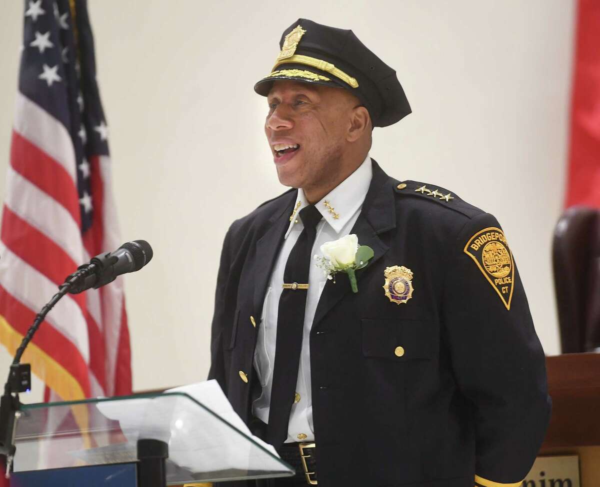 New Bridgeport Police Chief Roderick Porter addresses a packed city council chambers during his swearing in ceremony at the Margaret Morton Government Center in Bridgeport, Conn. on Thursday, Dec. 1, 2022.
