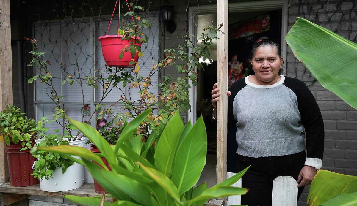 Felicita Gómez, 53, stands near her plants outside her Gulfton apartment on Thursday, Dec. 1, 2022 in Houston. Gómez has peppers, a banana tree and a variety of roses.