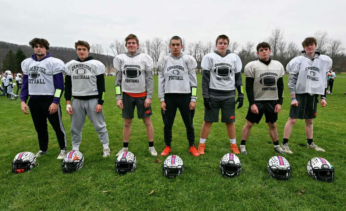 Cambridge linemen, from left, Zack Price, Deacon Schneider, Mike Riche, Zach Toleman, Josh Harrington, Andrew Clark and Baxter Mattson during a practice on Tuesday, Nov. 29, 2022, at Cambridge High School in Cambridge, NY. (Jim Franco/Times Union)