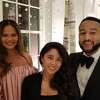 Chrissy Teigen, from left, Harris County Judge Lina Hidalgo and John Legend at the White House state dinner.