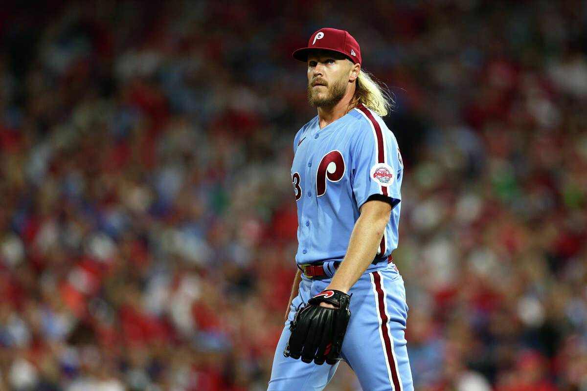 Noah Syndergaard #43 of the Philadelphia Phillies looks on against the Houston Astros during the second inning in Game Five of the 2022 World Series at Citizens Bank Park on November 03, 2022 in Philadelphia, Pennsylvania. (Photo by Elsa/Getty Images)
