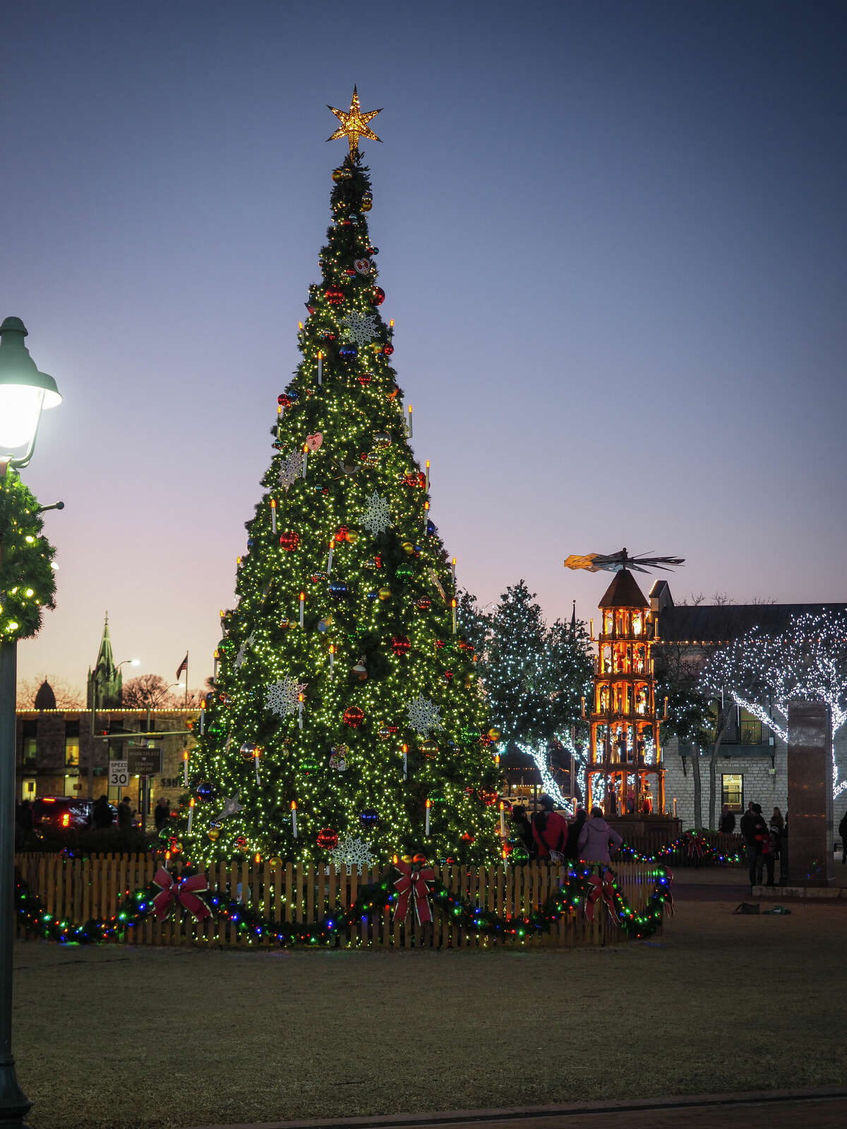The city of Fredericksburg has a huge Christmas tree every year.