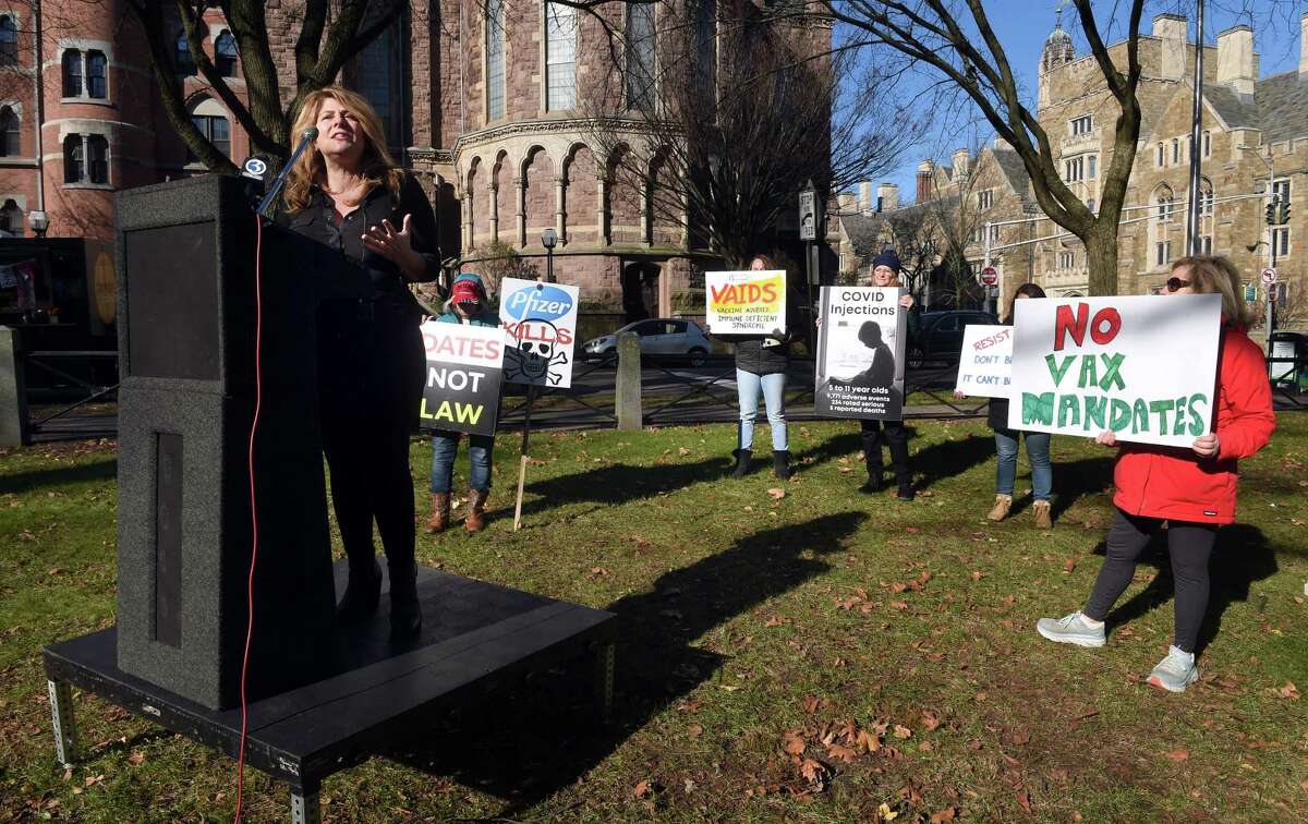 Naomi Wolf speaks at a rally on the New Haven Green on December 2, 2022 in opposition to a Yale University mandate for students to get a bivalent COVID-19 vaccine booster shot by January 31, 2023.
