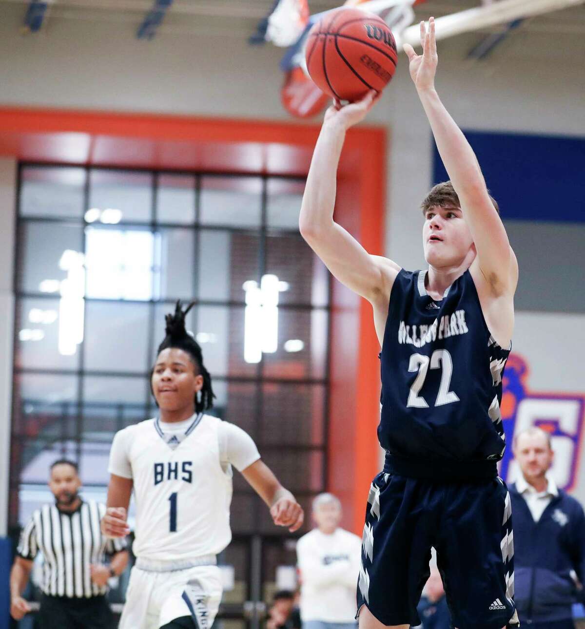 College Park guard Ryan Veach (22) shoots a 3-pointer in the first quarter of a non-district high school basketball game at Grand Oaks High School, Friday, Dec. 2, 2022, in Spring.