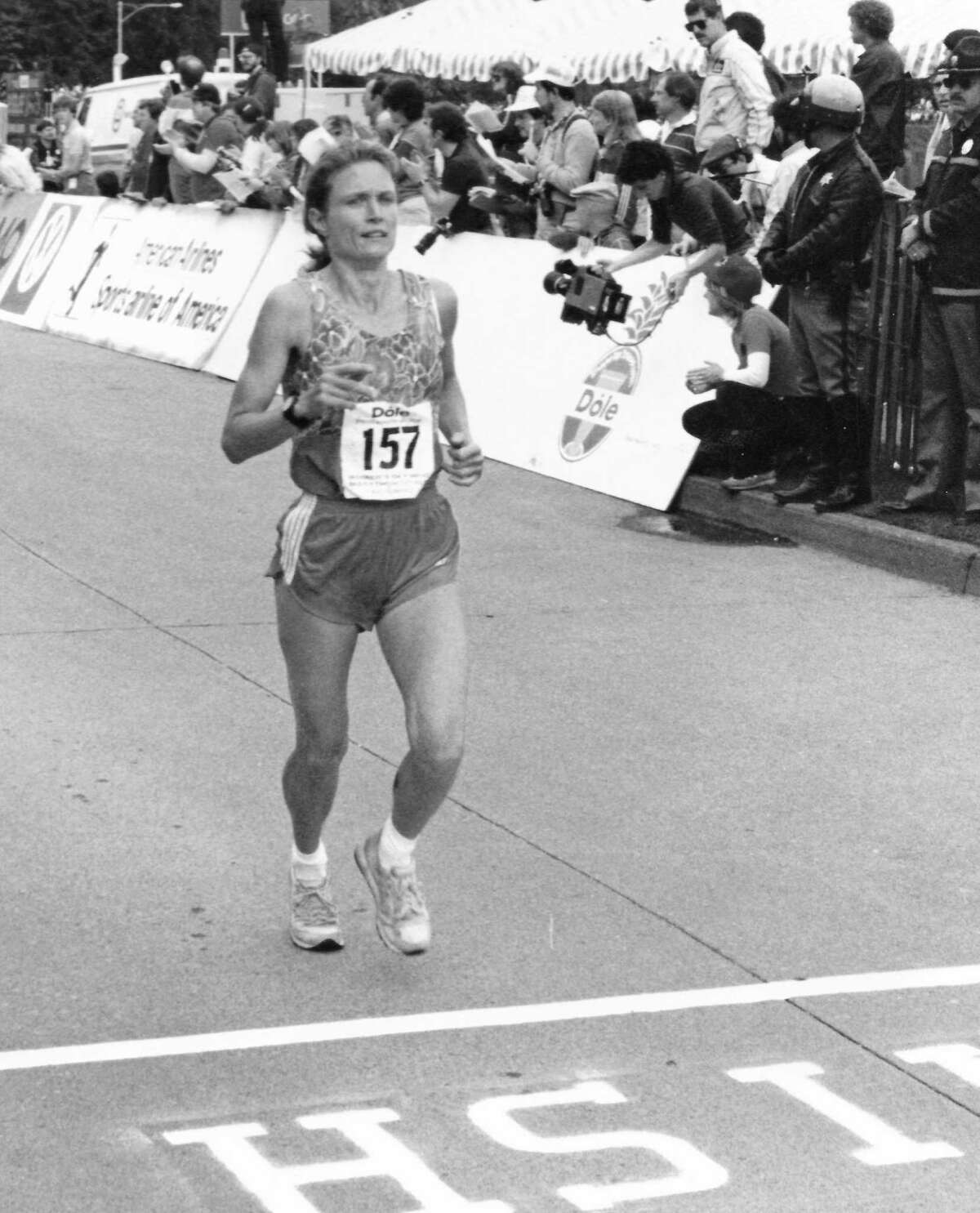 Peggy Kokernot Kaplan at the first 1984 U.S. women's Olympic marathon trails in Eugene, Ore. Kokernot ushered in a new era of women runners at Trinity University.
