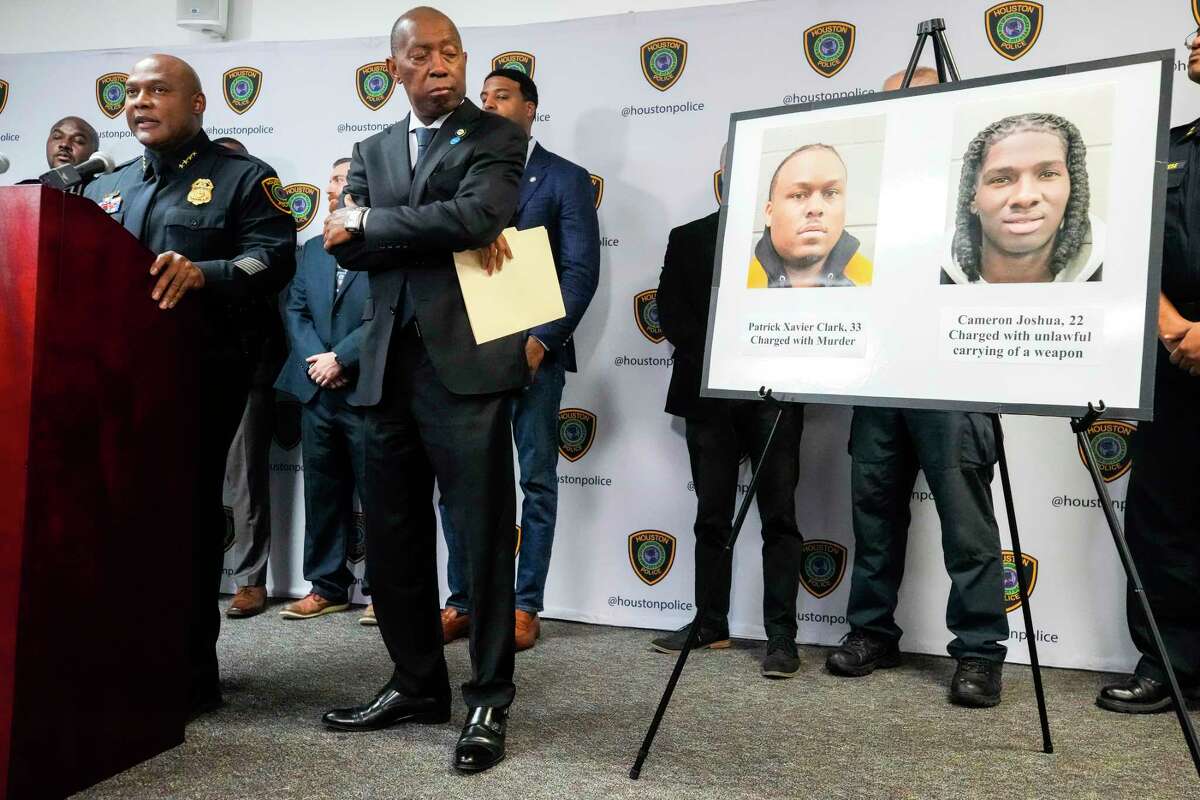 Houston Police chief Troy Finner, left, and Mayor Sylvester Turner announce an arrest in connection with the fatal shooting Kirsnick Khari Ball, who is also known as Migos rapper Takeoff, during a news conference on Friday, Dec. 2, 2022 in Houston. Police announced the arrest of Patrick Xavier Clark, 33, who has been charged with murder in the case.
