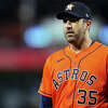 Justin Verlander #35 of the Houston Astros looks on in the second inning during Game 5 of the 2022 World Series between the Houston Astros and the Philadelphia Phillies at Citizens Bank Park on Thursday, November 3, 2022 in Philadelphia, Pennsylvania.
