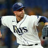 Corey Kluber #28 of the Tampa Bay Rays pitches during a game against the Texas Rangers at Tropicana Field on September 16, 2022 in St Petersburg, Florida.