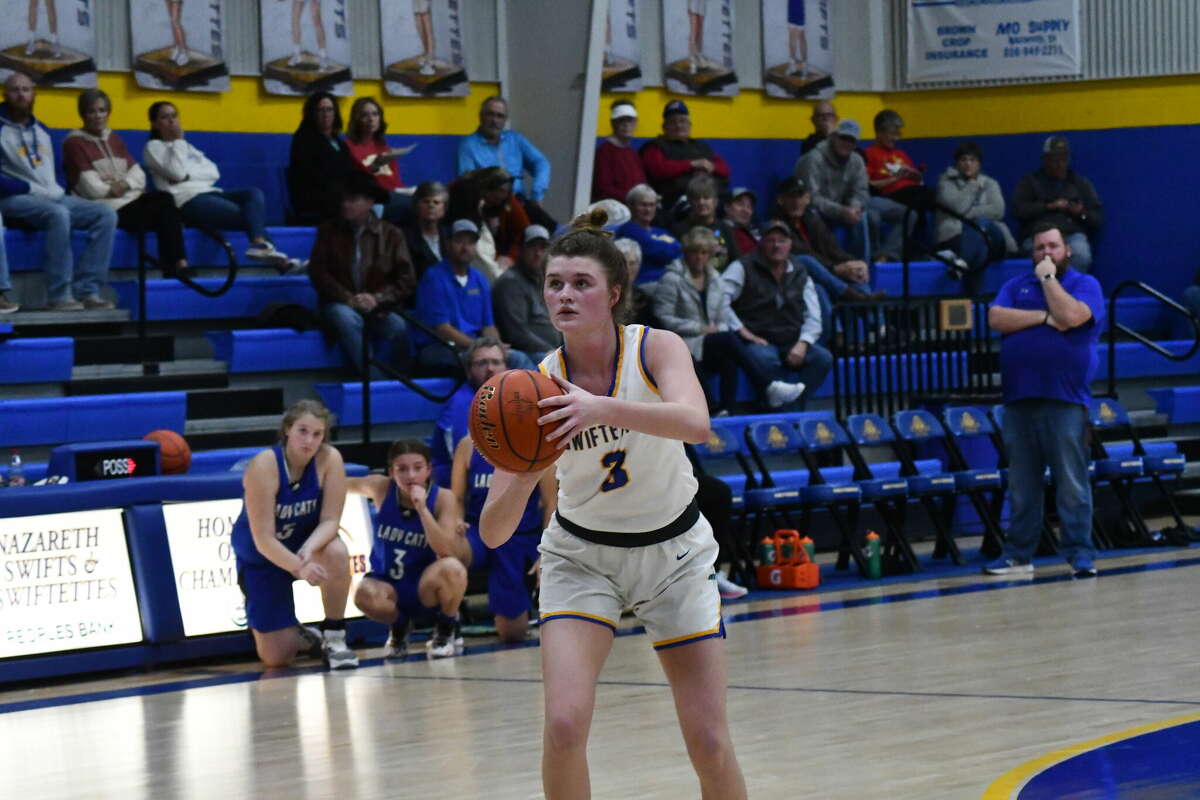 Tatum Peterson and the Nazareth girls basketball team picked up a win in their opening game of their own basketball tournament as the No. 1 Swiftettes took down Smyer, 74­-27.