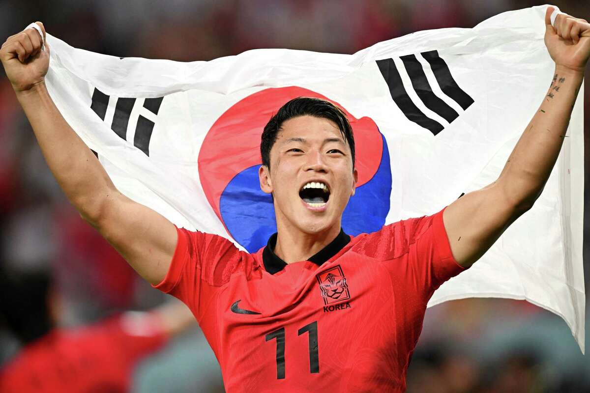 Hwang Hee-chan, who scored the goal that got South Korea through to the knockout stage, goes wild after the clinching.