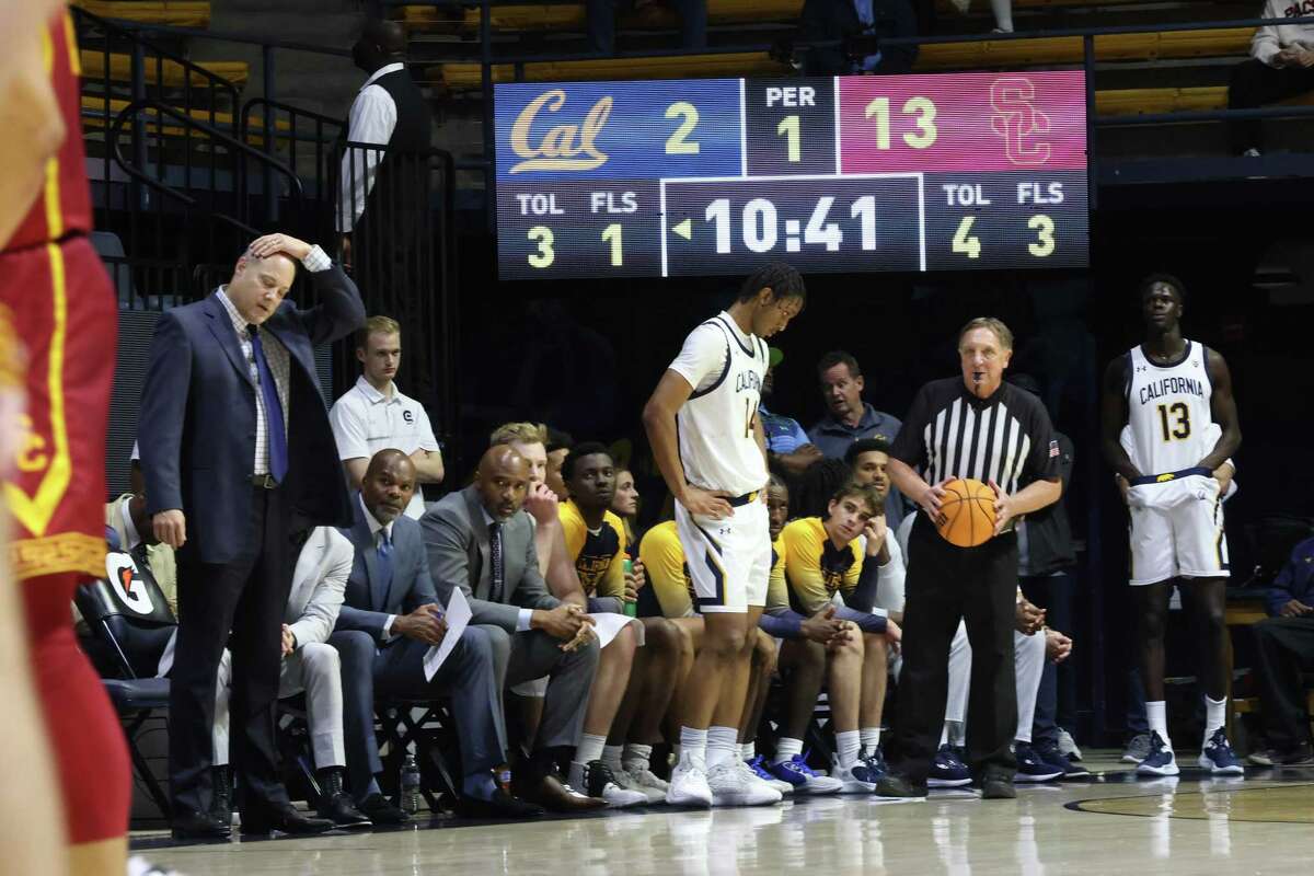 California head coach Mark Fox and Grant Newell look dejected as USC leads the Bears 13-2 early in 66-51 loss to USC during Pac 12 men’s college basketball game at Haas Pavilion in Berkeley, Calif., on Wednesday, November 30, 2022.