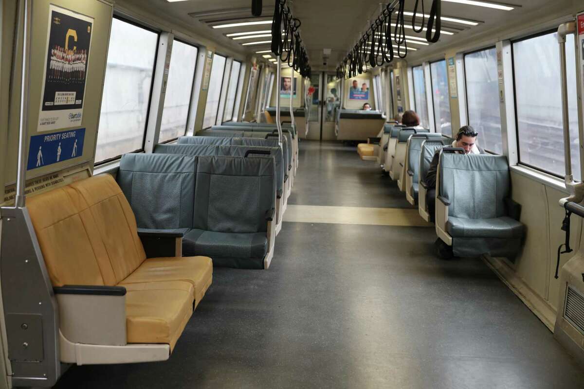 A nearly empty BART car passes Daly City in March 2020. Those lean days of the pandemic have contributed to grim financial futures for the transit service.