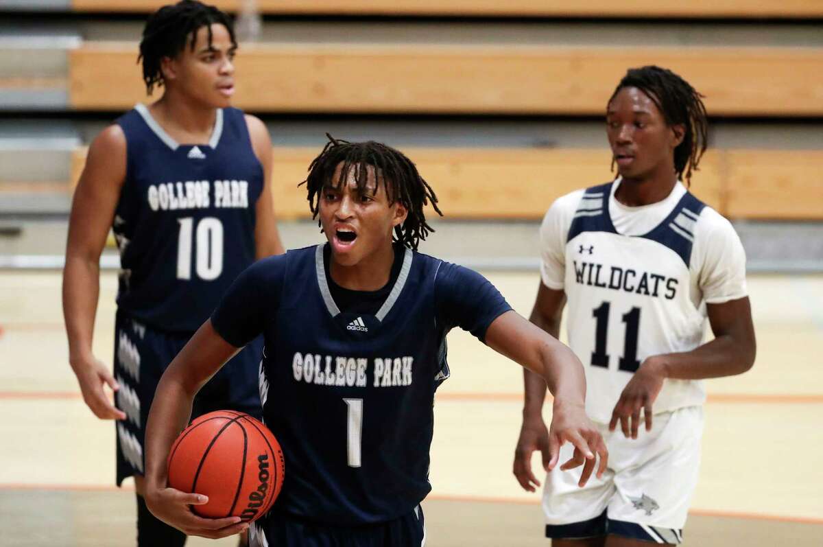 College Park small forward Martez James (1) reacts after a foul call in the third quarter of a non-district high school basketball game at Grand Oaks High School, Saturday, Dec. 3, 2022, in Spring.