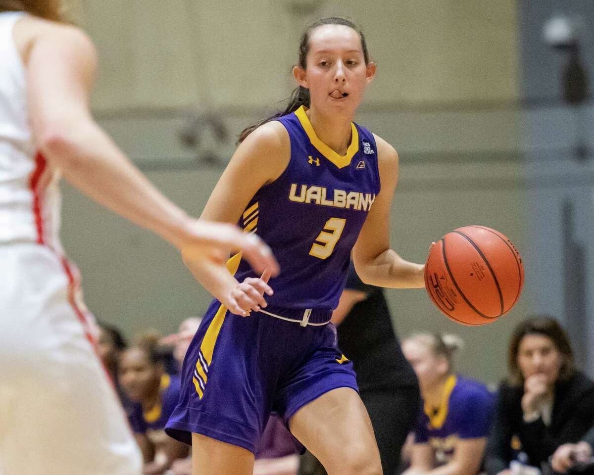 UAlbany sophomore Lilly Phillips looks for an opening during a non-league game against Cornell on Saturday, Dec. 3, 2022, at Hudson Valley Community College in Troy, NY. (Jim Franco/Times Union)
