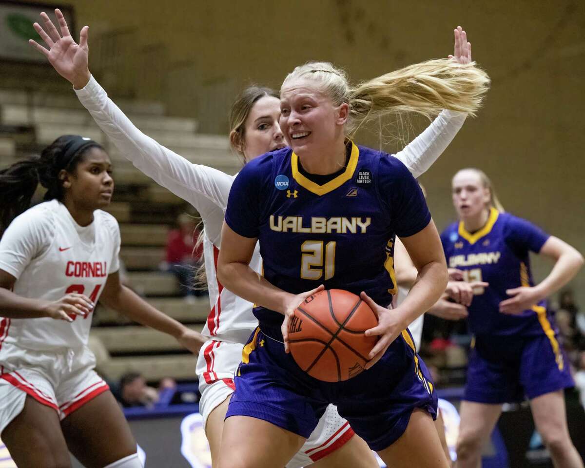 UAlbany senior Helene Haegerstrand makes a move in front of Cornell freshman Ruby Grace Williams during a non-league game on Saturday, Dec. 3, 2022, at Hudson Valley Community College in Troy, NY. (Jim Franco/Times Union)