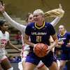 UAlbany senior Helene Haegerstrand makes a move in front of Cornell freshman Ruby Grace Williams during a non-league game on Saturday, Dec. 3, 2022, at Hudson Valley Community College in Troy, NY. (Jim Franco/Times Union)