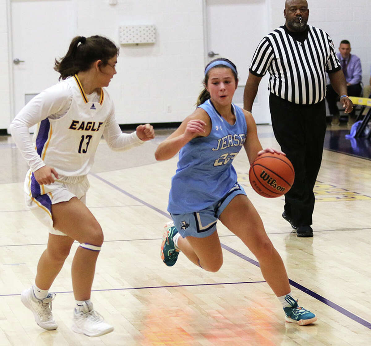 Jersey's Tessa Crawford scored 28 points to lead the Panthers past Ursuline Academy 44-39 in the championship game of the Duchesne Holiday Tournament Thursday in St. Charles, Mo. She is shown in action earlier this season against CM.