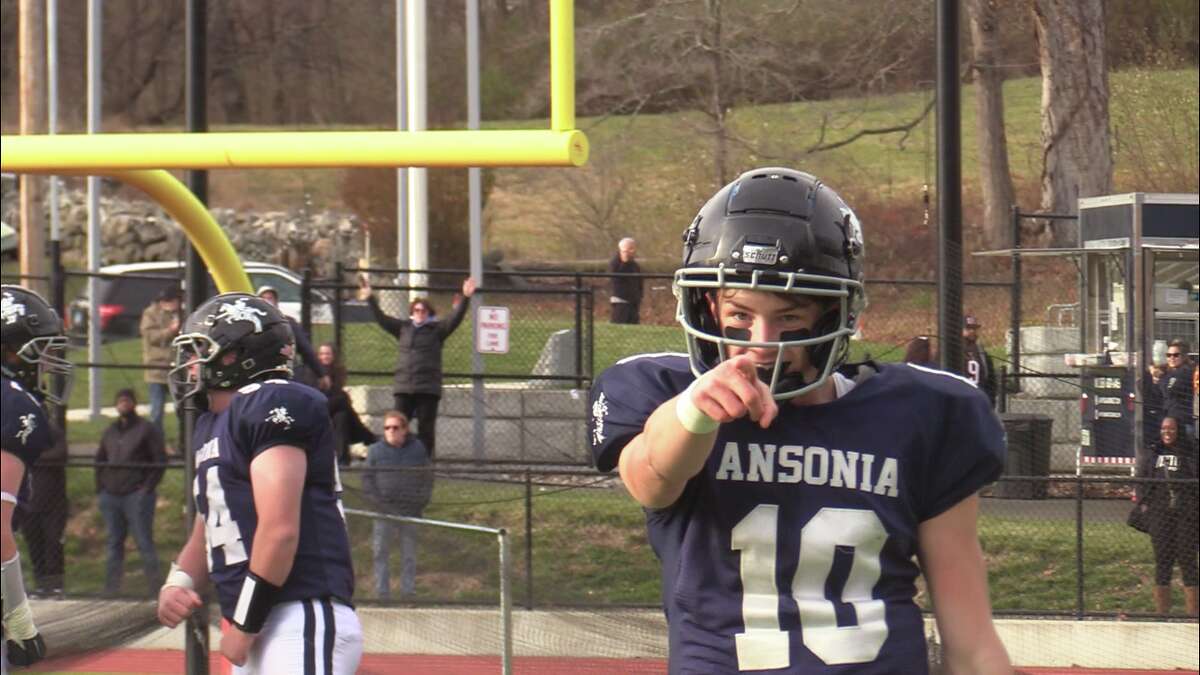 Ansonia's Chris Kaminski celebrates during the Chargers' CIAC Class S semifinal win over Woodland Sunday, Nov. 4, 2022.