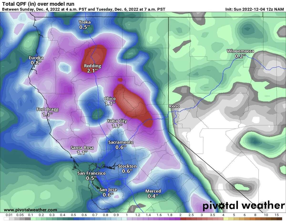 The North American Model’s projected rainfall totals through 7 a.m. Tuesday.