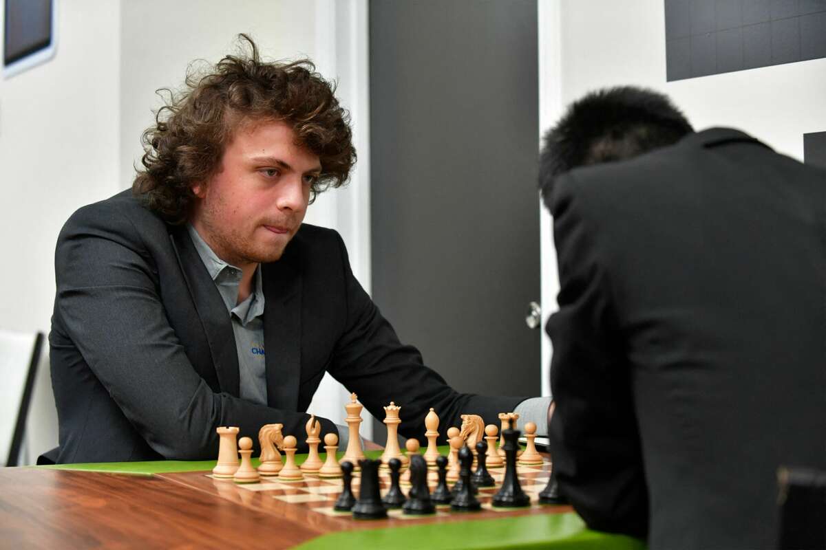 U.S. international grandmaster Hans Niemann waits his turn to move during a second-round chess game against Jeffery Xiong on the second day of the Saint Louis Chess Club Fall Chess Classic in St. Louis, Missouri, on October 6, 2022.?