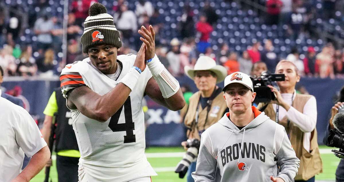 Cleveland Browns quarterback Deshaun Watson (4) runs off the field after the Browns beat the Houston Texans 27-14 in an NFL football game Sunday, Dec. 4, 2022, in Houston.
