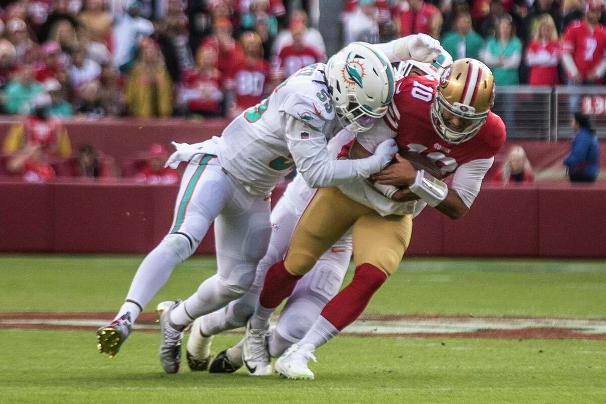 San Francisco 49ers quarterback Jimmy Garoppolo is sacked by Miami Dolphins linebacker Jerome Baker at Levi’s Stadium. Garoppolo is now out for the season with a broken foot.