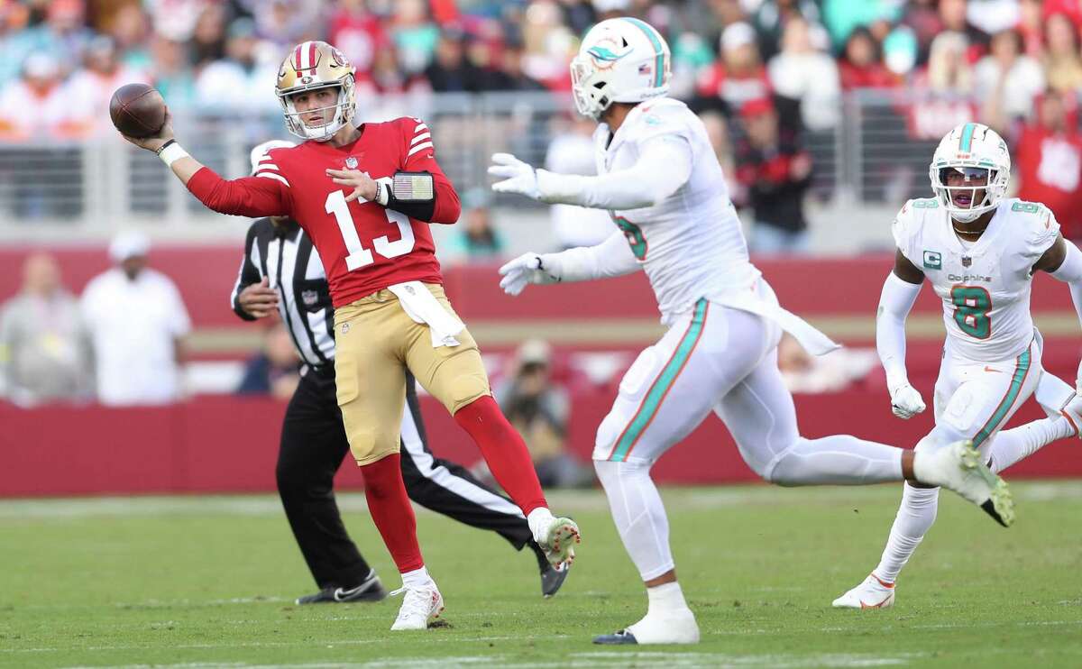San Francisco 49ers’ Brock Purdy passes in 2nd quarter against Miami Dolphins during NFL game at Levi’s Stadium in Santa Clara, Calif., on Sunday, December 4, 2022.