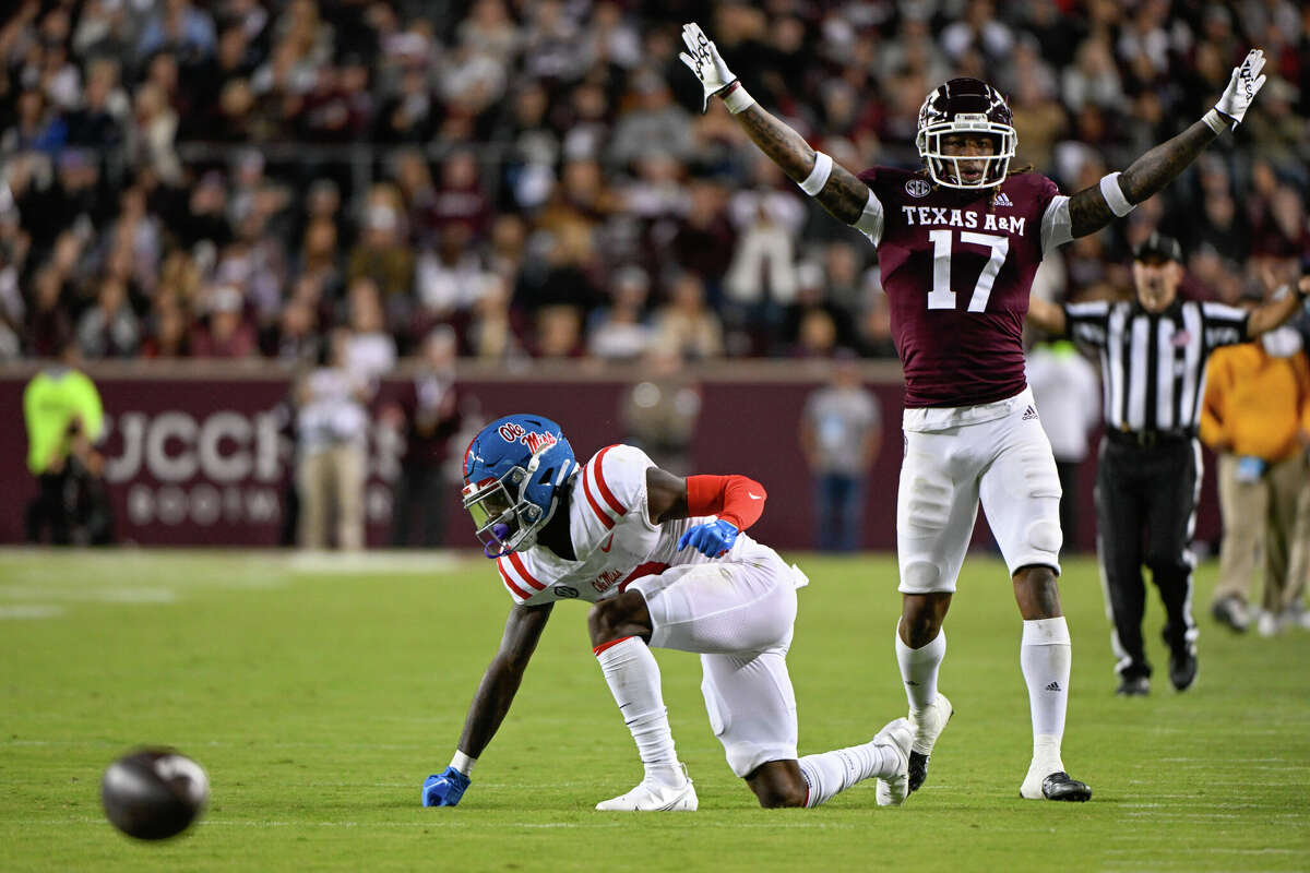Texas A&M Aggies defensive back Jaylon Jones (17) celebrates breaking up a deep pass attempt during second half action during the football game between the Ole Miss Rebels and Texas A&M Aggies at Kyle Field on October 29, 2022 in College Station.