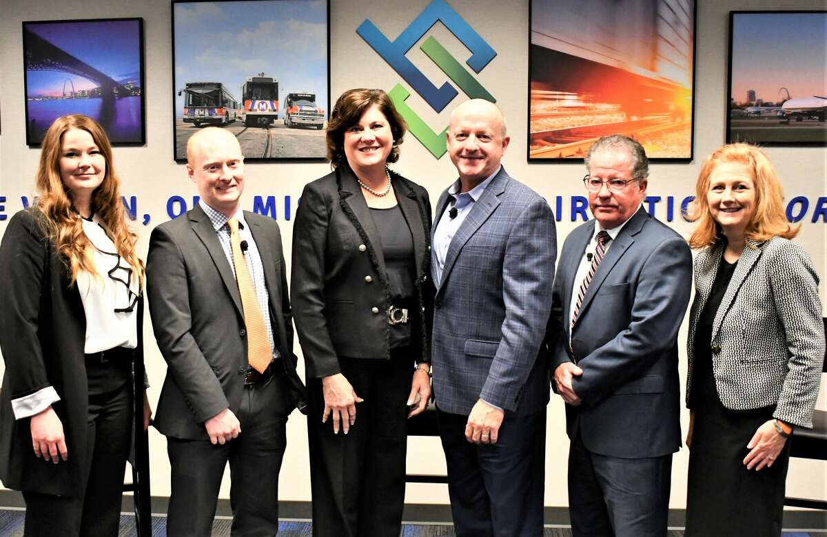 Sandra Shore, left, of St. Louis Downtown Airport; Daniel Adams, of St. Louis Regional Airport; Rhonda Hamm-Niebruegge, of St. Louis Lambert International Airport; Bryan Johnson, of MidAmerica St. Louis Airport; John Bales, of Spirit of St. Louis Airport, and Mary Lamie, executive vice president of Multi Modal Enterprises for Bi-State Development and head of its St. Louis Regional Freightway Enterprise, at a recent panel discussion on the region’s major airports last month in St. Louis.