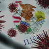 A coronavirus spinning with United States State flag behind as epidemic outbreak infection in Illinois