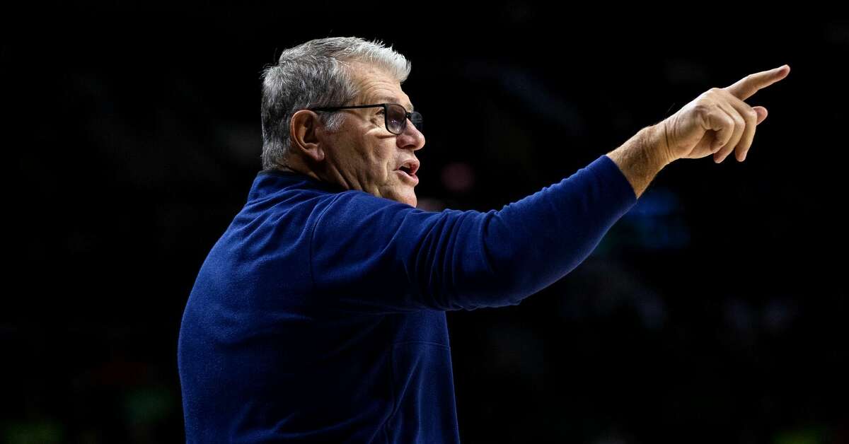 Connecticut head coach head coach Geno Auriemma calls a play during the first half of an NCAA college basketball game against Notre Dame on Sunday, Dec. 4, 2022, in South Bend, Ind. (AP Photo/Michael Caterina)