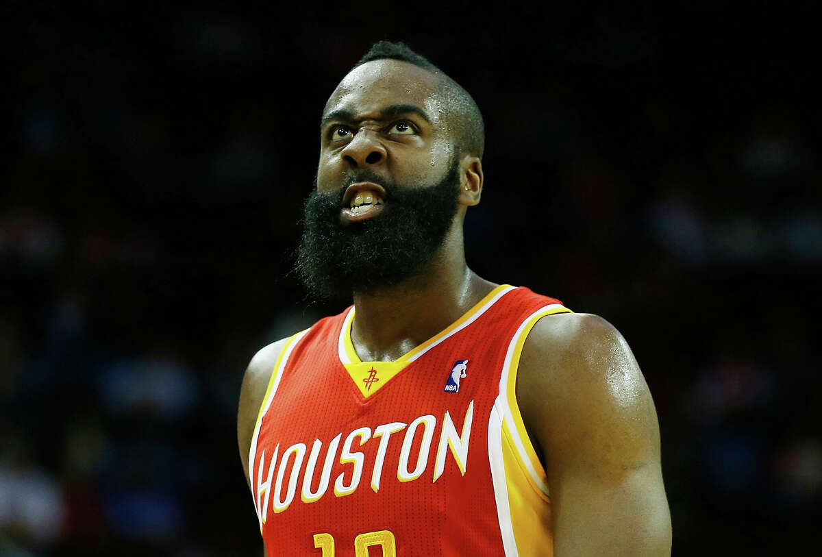 James Harden #13 of the Houston Rockets watches a replay on the court during the game against the Oklahoma City Thunder at Toyota Center on February 20, 2013 in Houston.