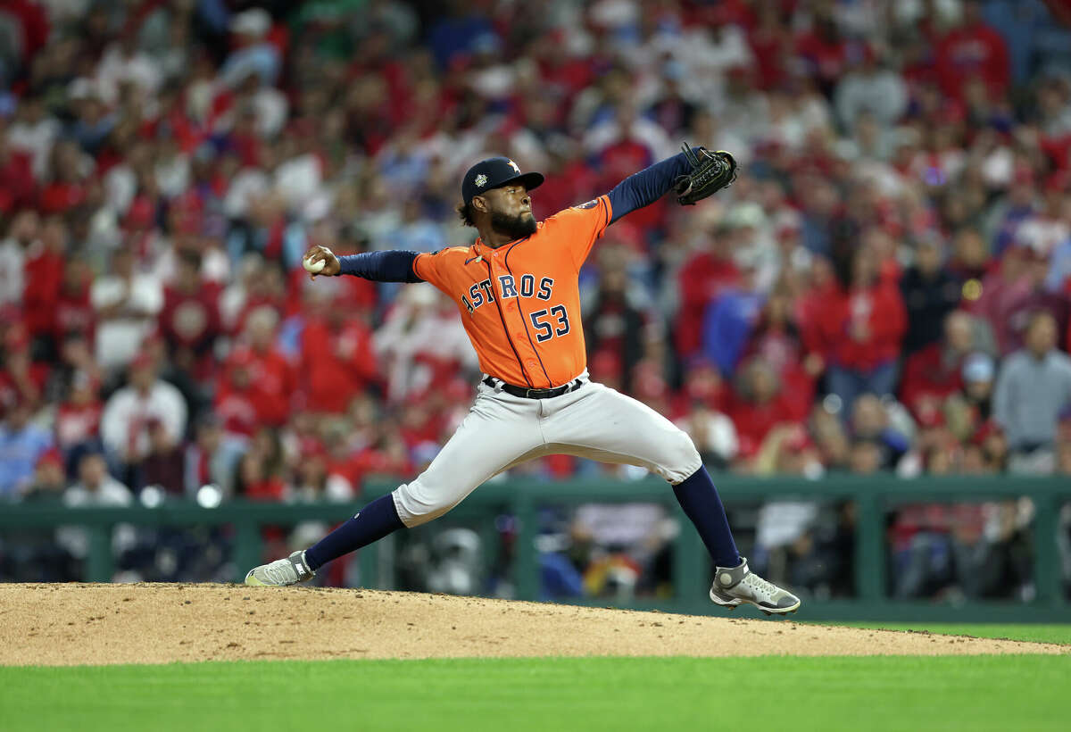 Cristian Javier #53 of the Houston Astros pitches in the fifth inning of Game 4 of the 2022 World Series between the Houston Astros and the Philadelphia Phillies at Citizens Bank Park on Wednesday, November 2, 2022 in Philadelphia, Pennsylvania.