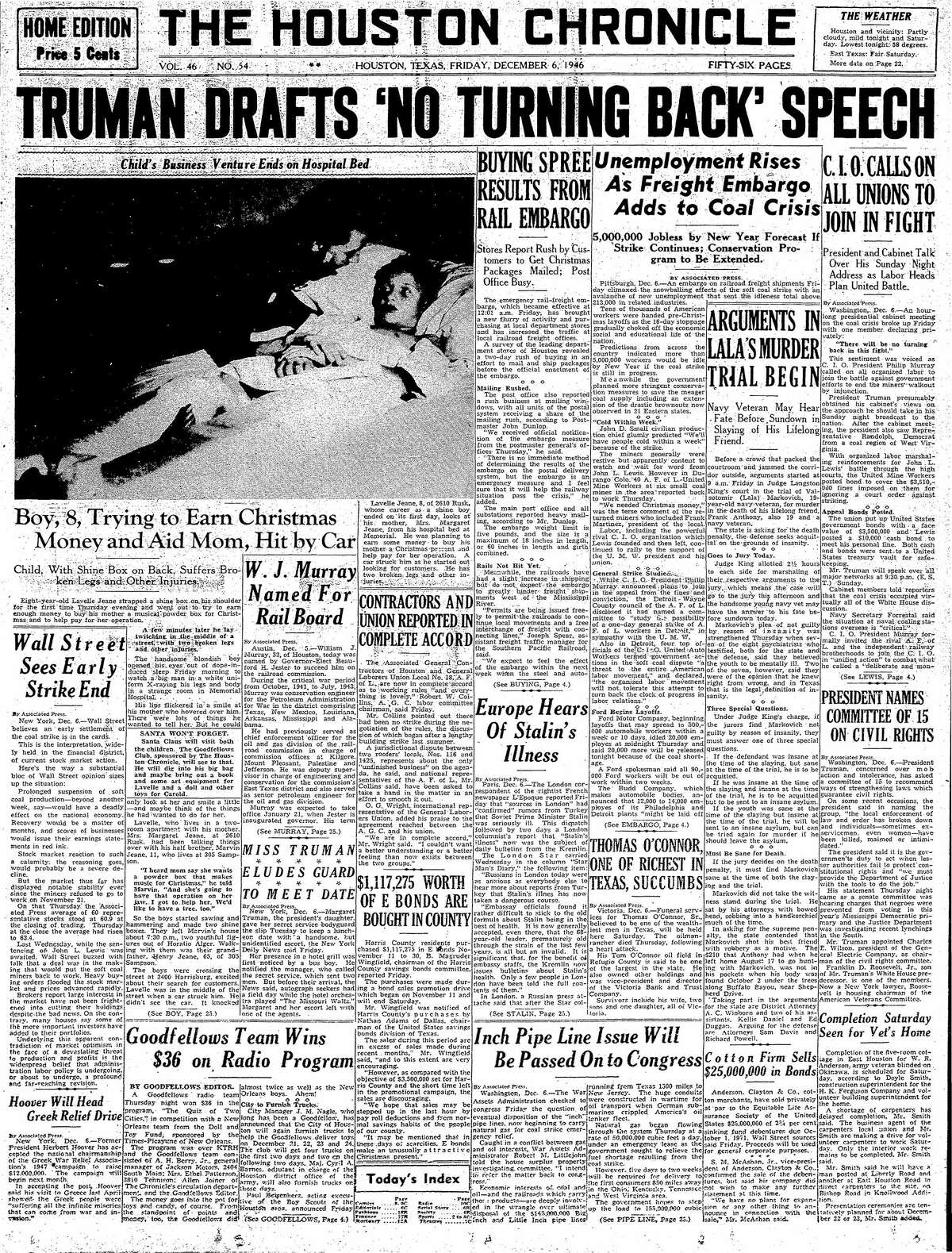 Houston Chronicle front page for Dec. 6, 1946.