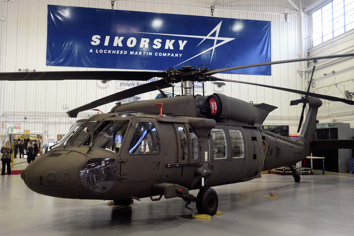 A U.S. Army UH-60M Black Hawk helicopter on display during a ceremony at Sikorsky Aircraft, in Stratford, Conn. Sept. 24, 2021.